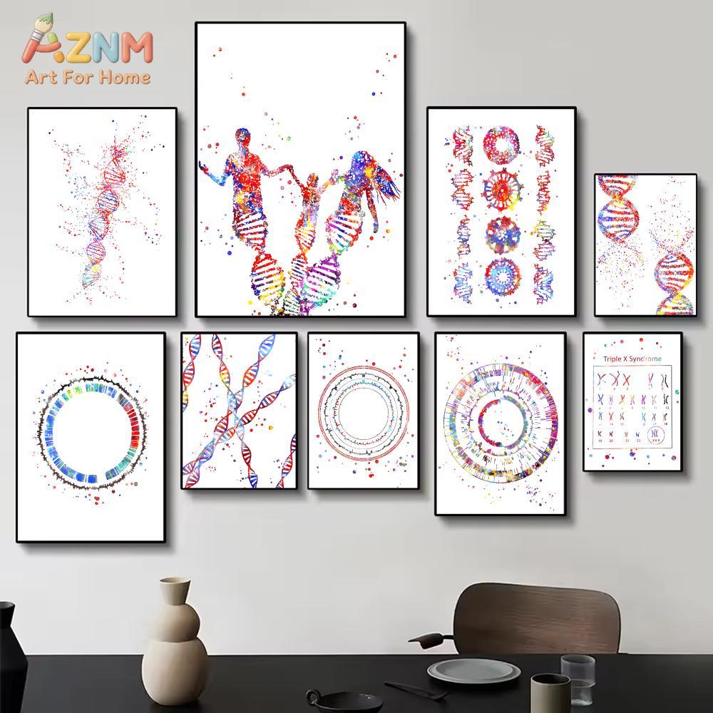 Medical Lab And Science - AZNM สีสันสดใสสีน้ำ DNA ยีน พิมพ์บนผ้าใบ ครอบครัวมนุษย์